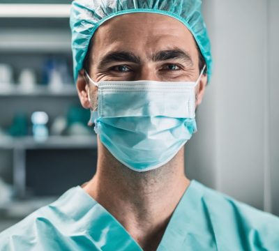 Close up of surgeon smiling with a mask on